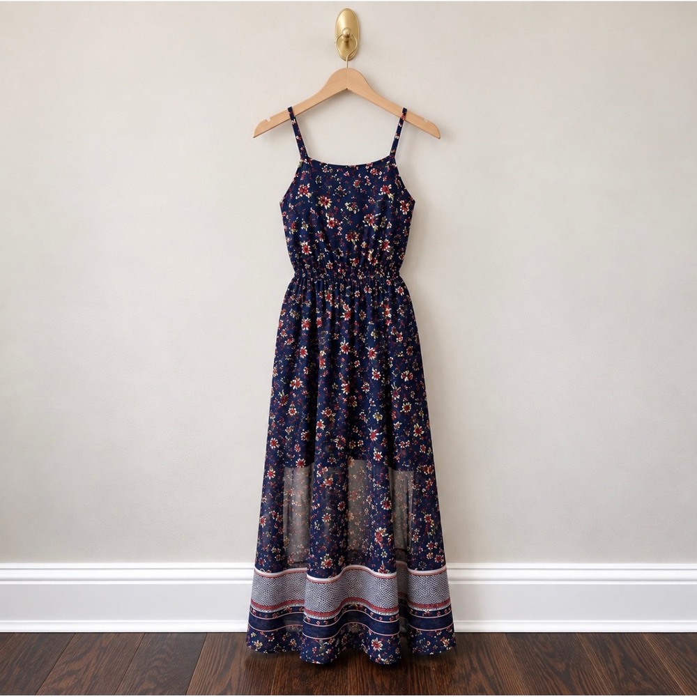 H&M Divided Navy Floral Sheer Overlay Maxi Dress Size 2 Boho Keyhole Back